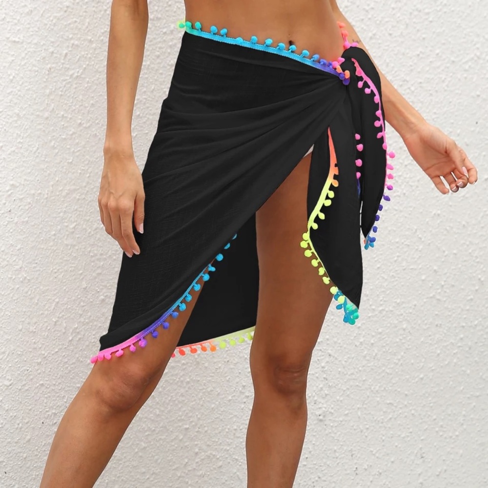 NWT BLACK Pom Pom fluorescent swim wrap pareo beach cover up brand new